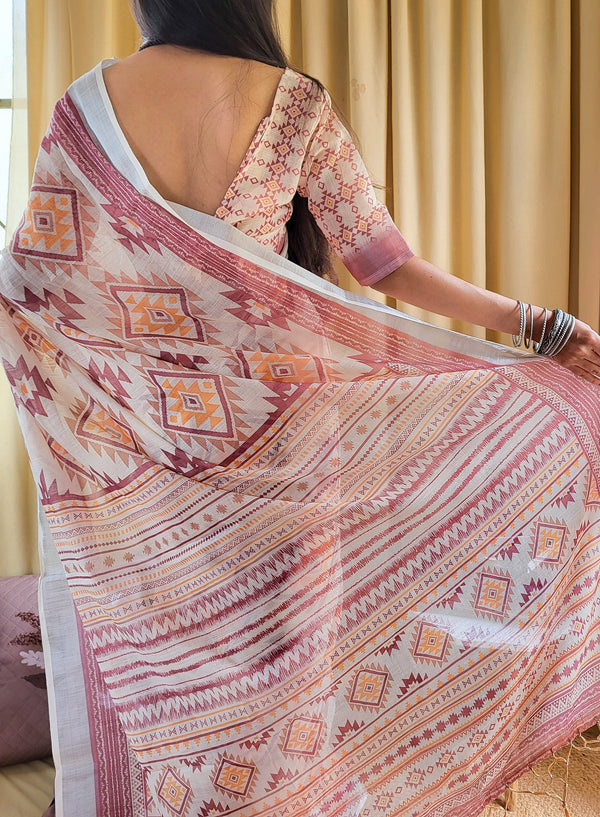 Ivory Linen Saree with Geometric Tribal Prints & Tassel Accents LINEN