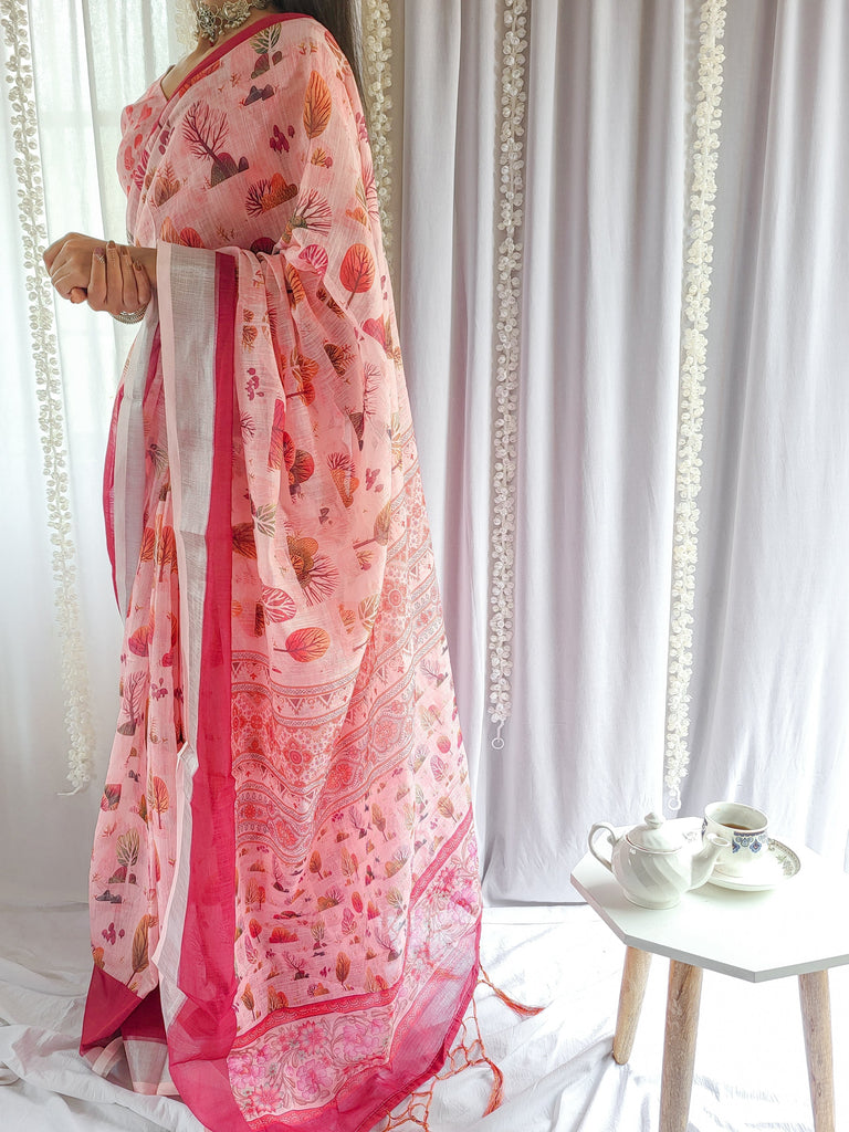Blush Pink Handwoven Linen Saree with Vibrant Autumn Motifs & Tassel Detailing LINEN