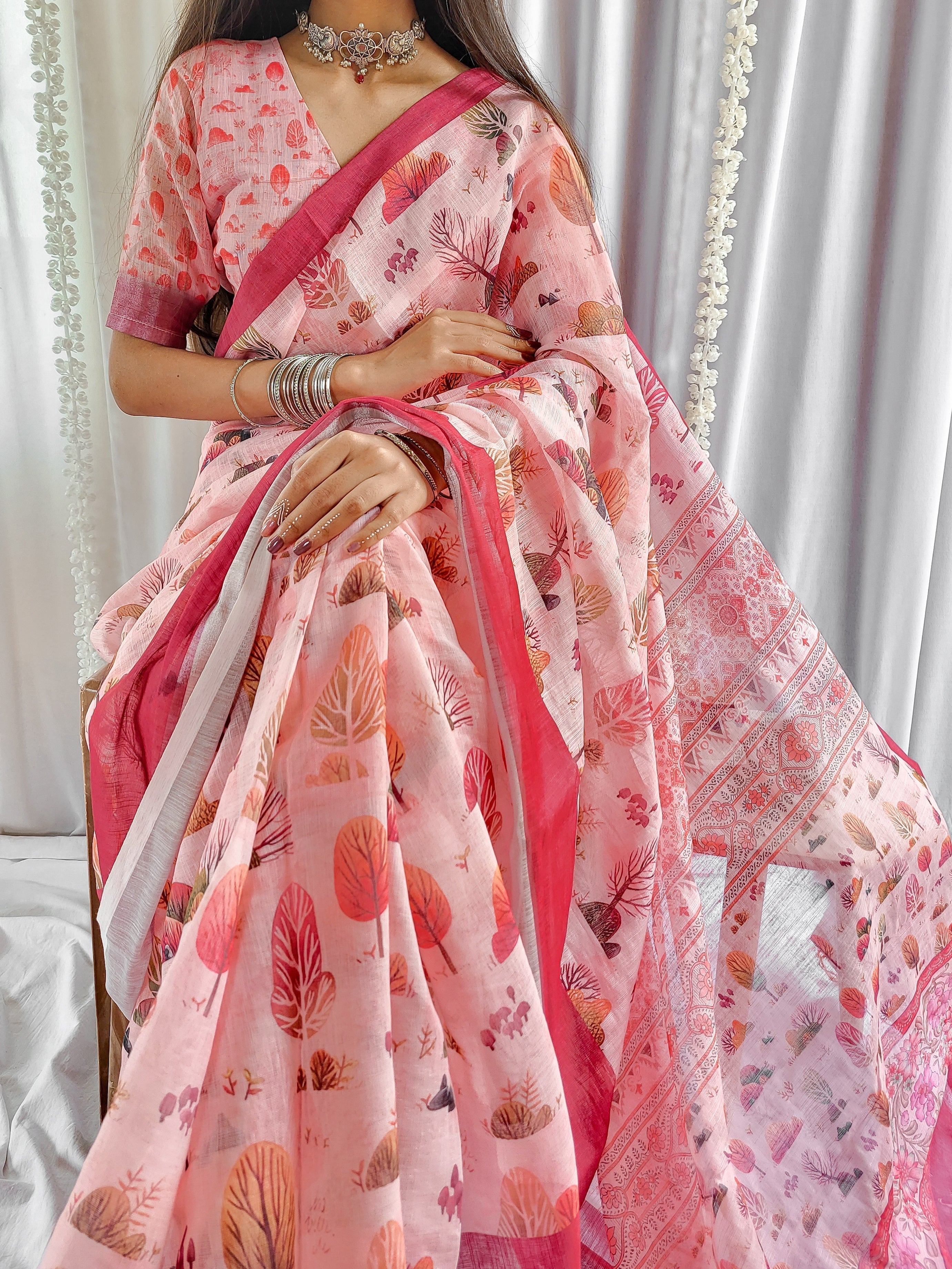 Blush Pink Handwoven Linen Saree with Vibrant Autumn Motifs & Tassel Detailing LINEN