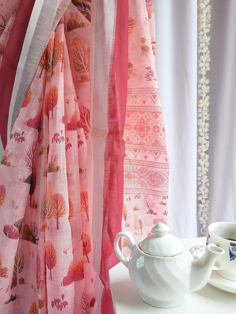 Blush Pink Handwoven Linen Saree with Vibrant Autumn Motifs & Tassel Detailing LINEN