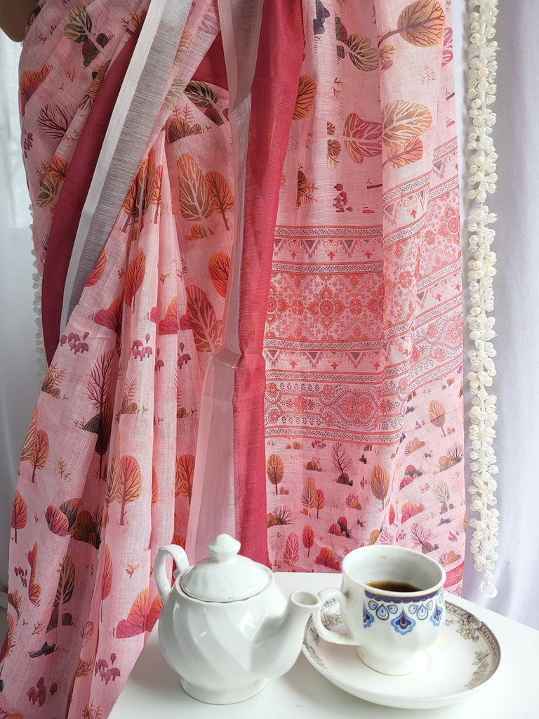 Blush Pink Handwoven Linen Saree with Vibrant Autumn Motifs & Tassel Detailing LINEN