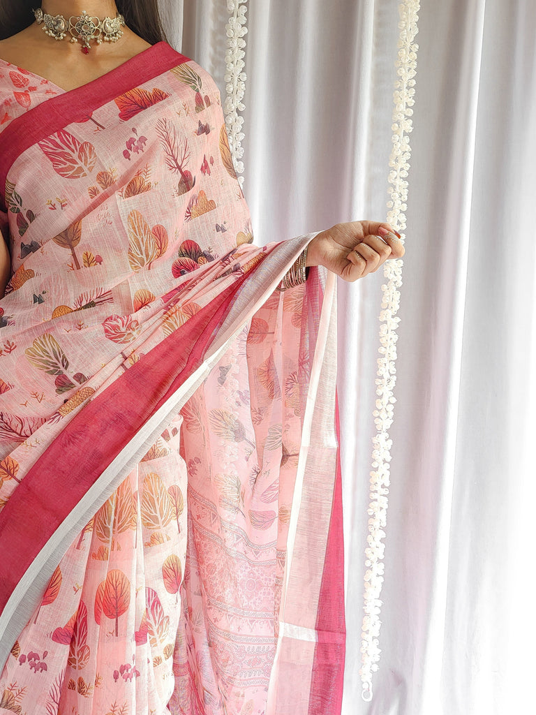Blush Pink Handwoven Linen Saree with Vibrant Autumn Motifs & Tassel Detailing LINEN