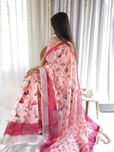 Blush Pink Handwoven Linen Saree with Vibrant Autumn Motifs & Tassel Detailing LINEN