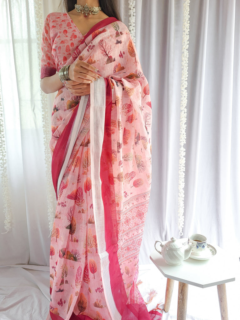 Blush Pink Handwoven Linen Saree with Vibrant Autumn Motifs & Tassel Detailing LINEN