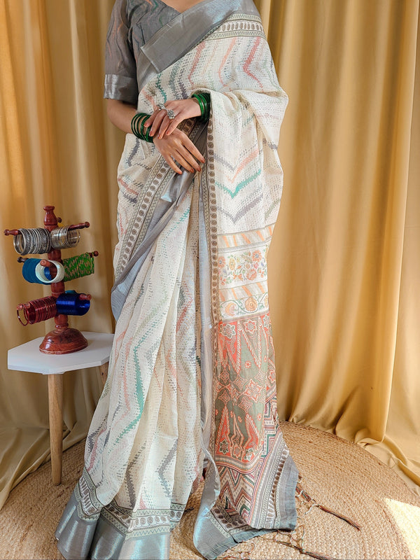 Elegant Beige Pure Linen Saree with Multicolor Zigzag Design and Tassel Finish LINEN