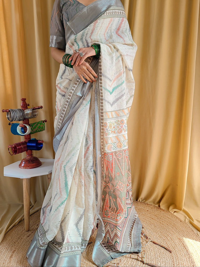 Elegant Beige Pure Linen Saree with Multicolor Zigzag Design and Tassel Finish LINEN