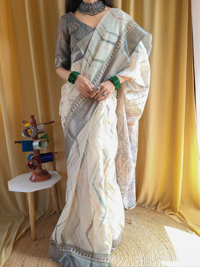 Elegant Beige Pure Linen Saree with Multicolor Zigzag Design and Tassel Finish LINEN