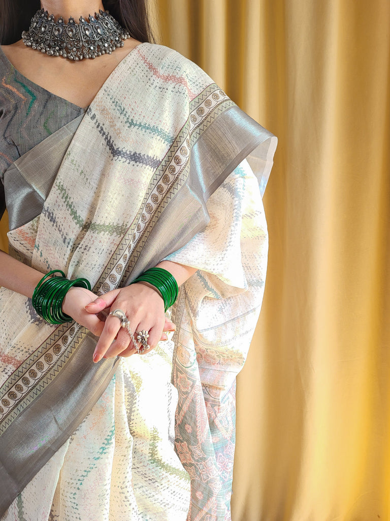 Elegant Beige Pure Linen Saree with Multicolor Zigzag Design and Tassel Finish LINEN