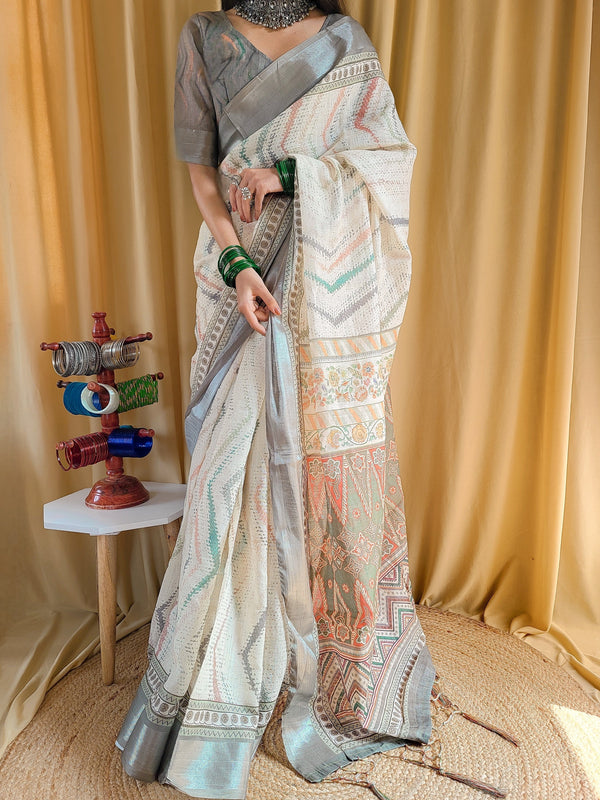 Elegant Beige Pure Linen Saree with Multicolor Zigzag Design and Tassel Finish LINEN