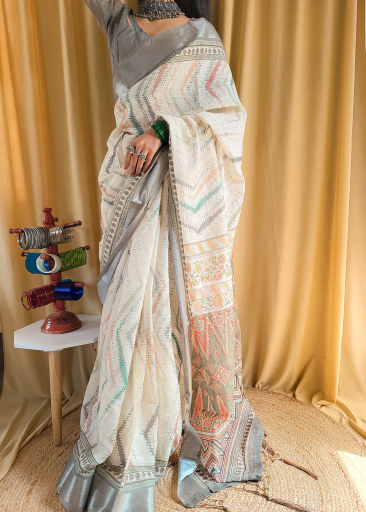 Elegant Beige Pure Linen Saree with Multicolor Zigzag Design and Tassel Finish LINEN