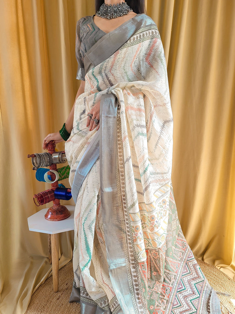 Elegant Beige Pure Linen Saree with Multicolor Zigzag Design and Tassel Finish LINEN