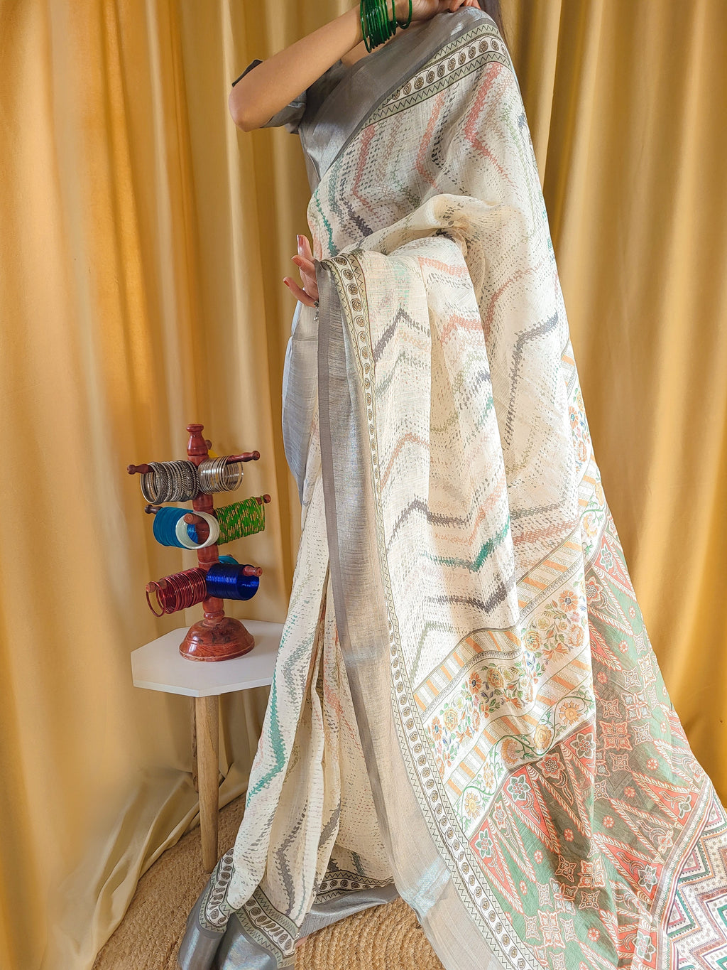Elegant Beige Pure Linen Saree with Multicolor Zigzag Design and Tassel Finish LINEN