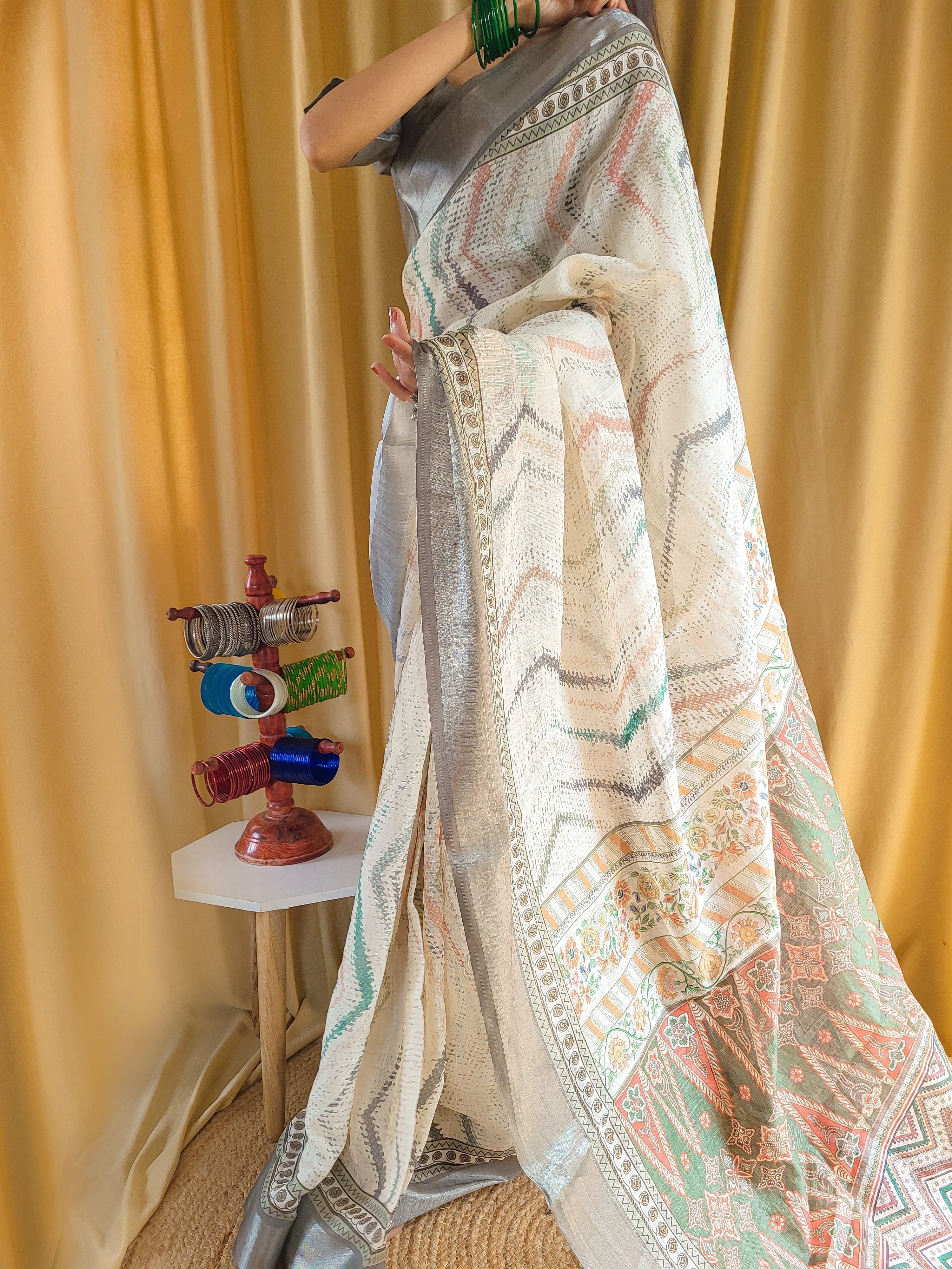 Elegant Beige Pure Linen Saree with Multicolor Zigzag Design and Tassel Finish LINEN