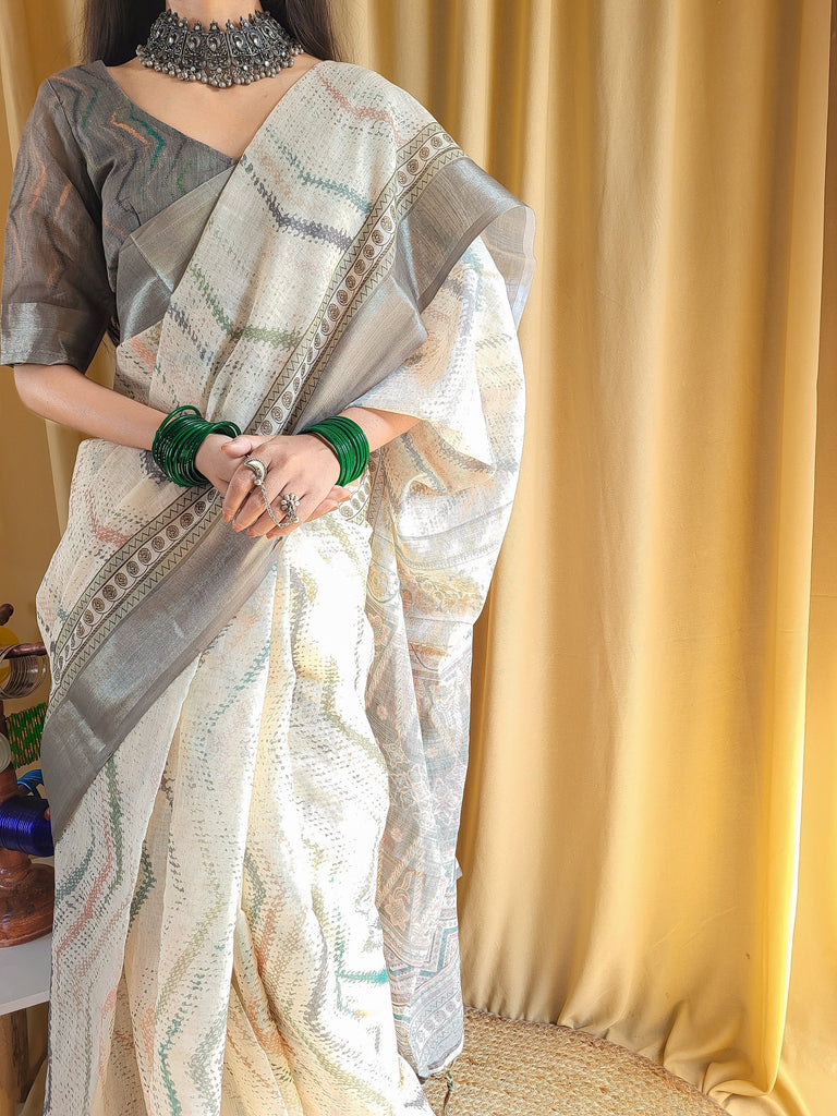 Elegant Beige Pure Linen Saree with Multicolor Zigzag Design and Tassel Finish LINEN