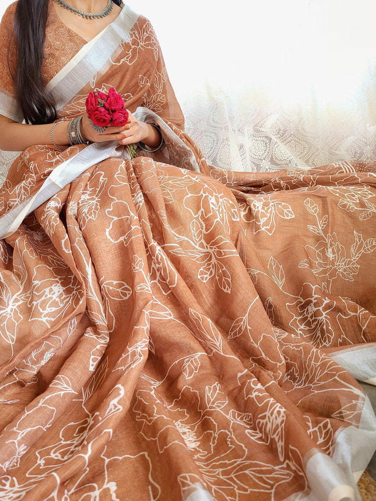 Rust Brown Pure Linen Saree with White Floral Motifs and Tassel Detailing LINEN