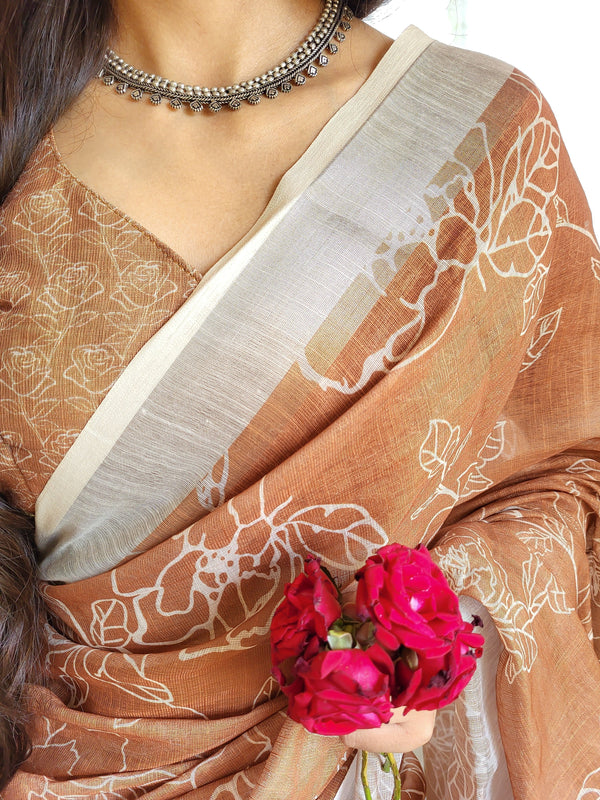 Rust Brown Pure Linen Saree with White Floral Motifs and Tassel Detailing LINEN