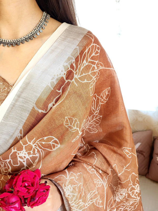 Rust Brown Pure Linen Saree with White Floral Motifs and Tassel Detailing LINEN