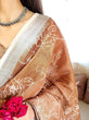Load image into Gallery viewer, Rust Brown Pure Linen Saree with White Floral Motifs and Tassel Detailing LINEN