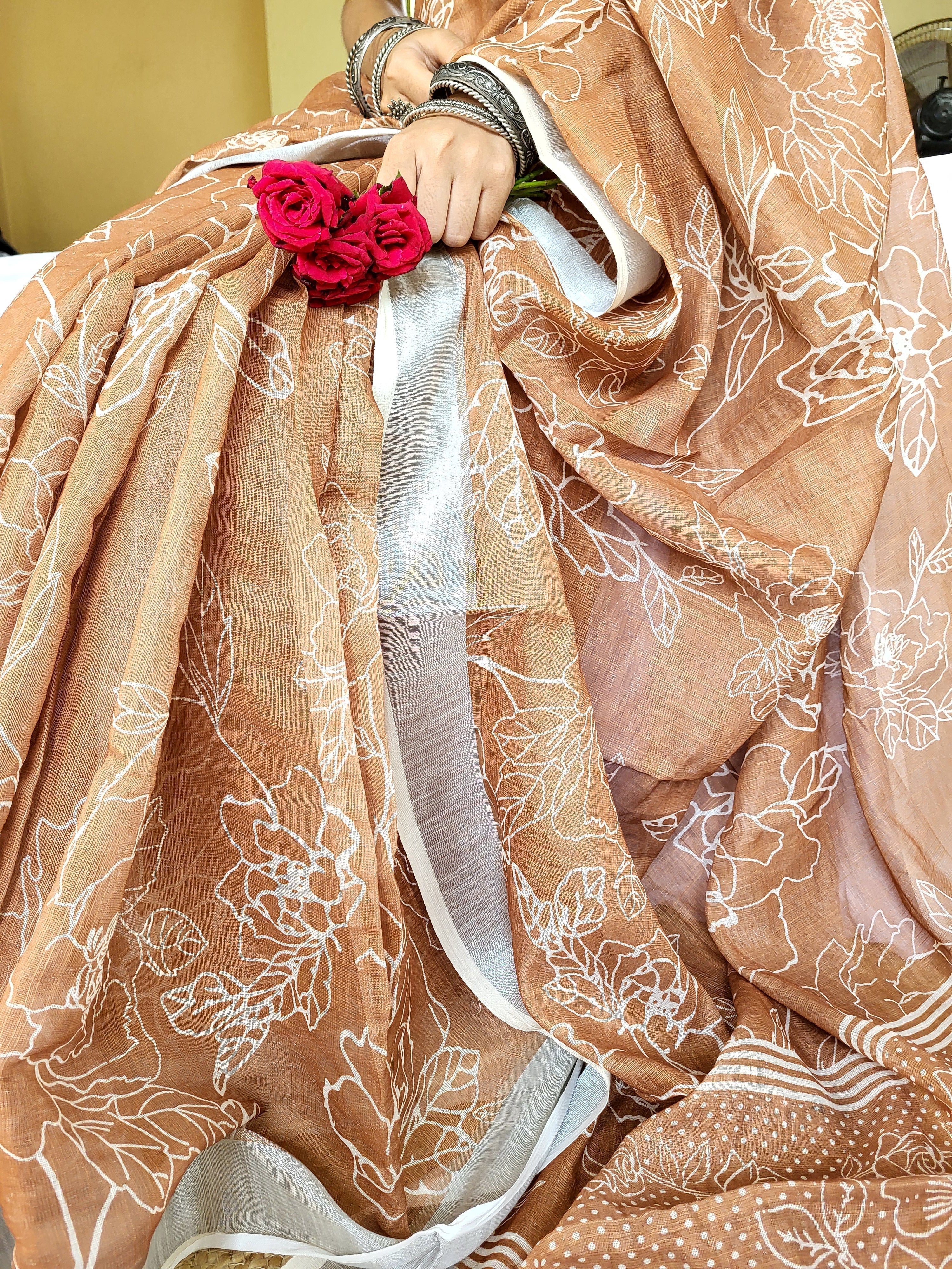 Rust Brown Pure Linen Saree with White Floral Motifs and Tassel Detailing LINEN