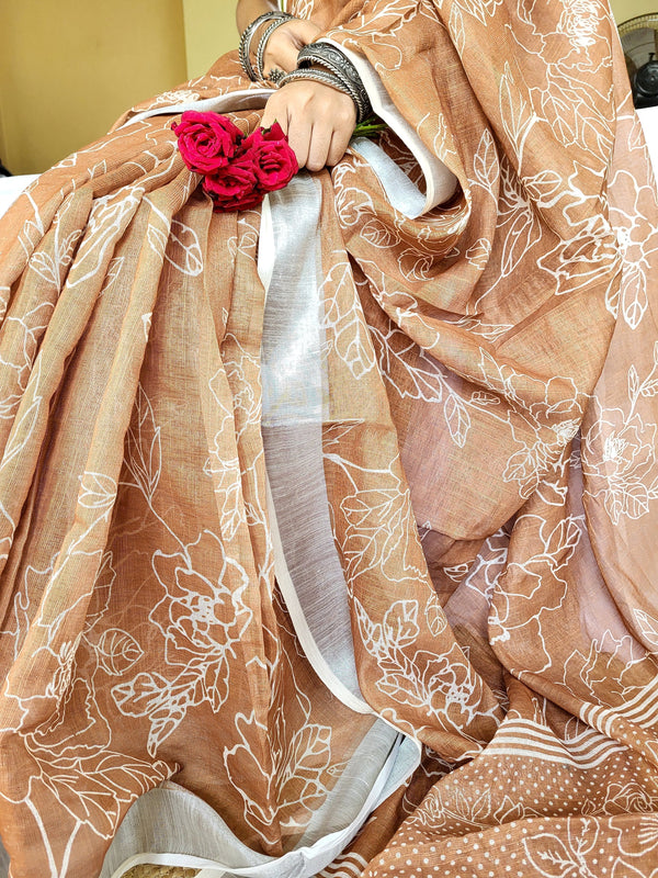 Rust Brown Pure Linen Saree with White Floral Motifs and Tassel Detailing LINEN