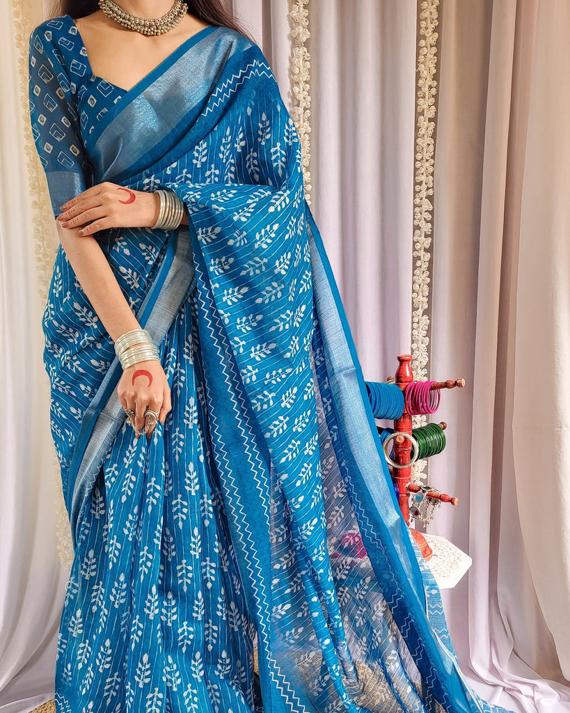 Elegant Blue Pure Linen Saree with Tassels and White Floral Patterns LINEN