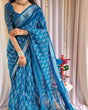 Load image into Gallery viewer, Elegant Blue Pure Linen Saree with Tassels and White Floral Patterns LINEN