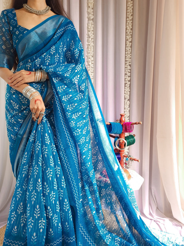 Elegant Blue Pure Linen Saree with Tassels and White Floral Patterns LINEN