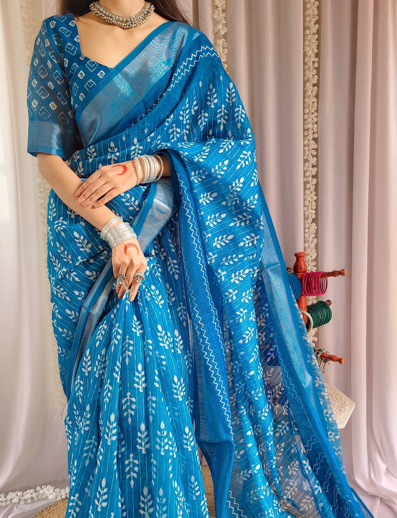 Elegant Blue Pure Linen Saree with Tassels and White Floral Patterns LINEN