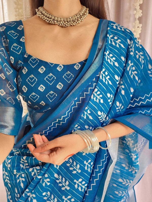 Elegant Blue Pure Linen Saree with Tassels and White Floral Patterns LINEN