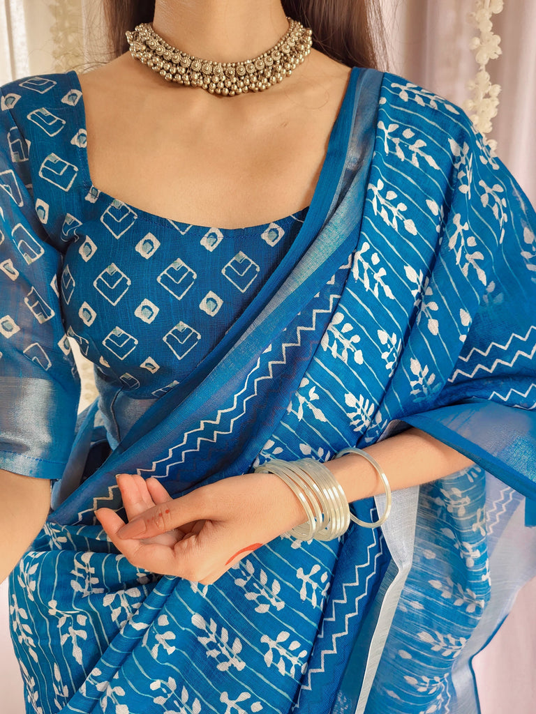 Elegant Blue Pure Linen Saree with Tassels and White Floral Patterns LINEN