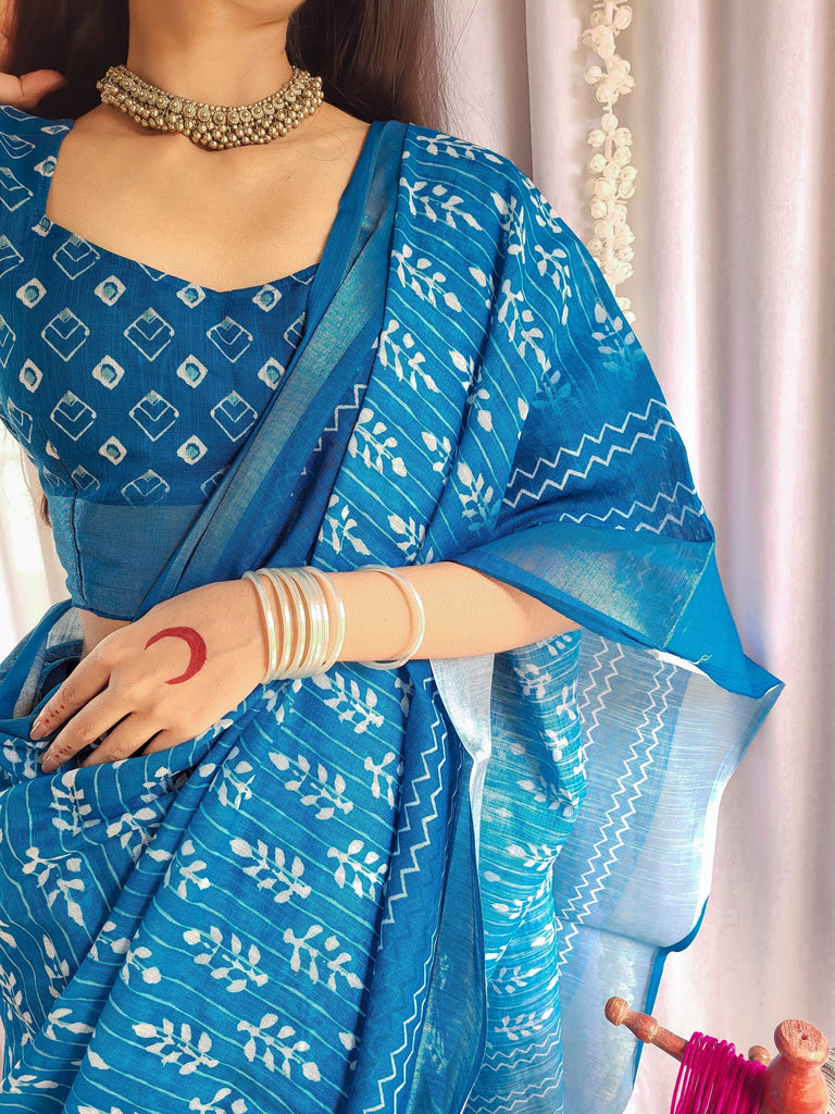 Elegant Blue Pure Linen Saree with Tassels and White Floral Patterns LINEN