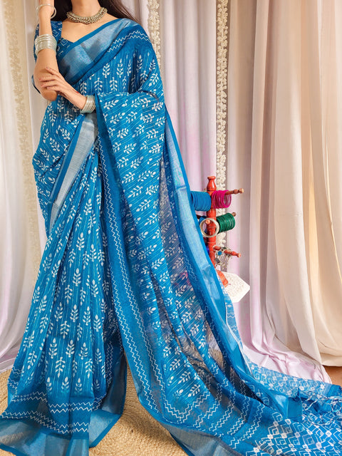 Elegant Blue Pure Linen Saree with Tassels and White Floral Patterns LINEN Main image