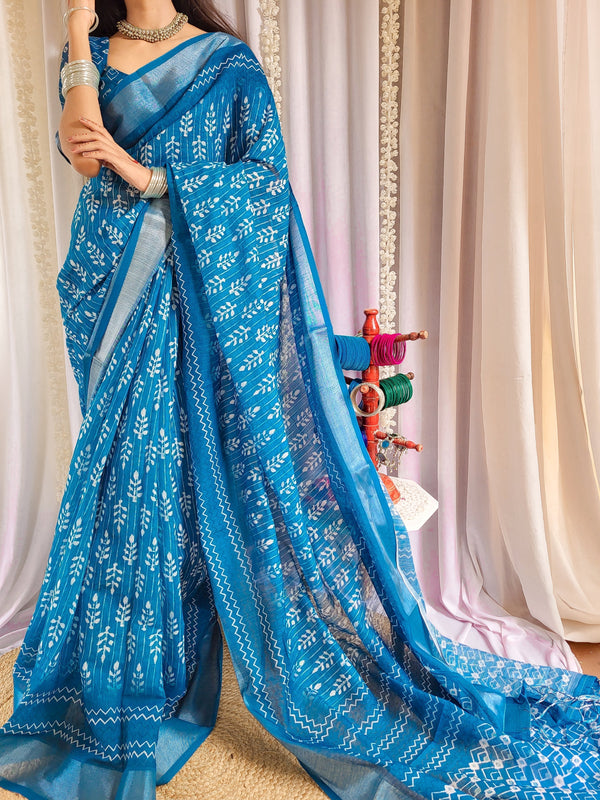 Elegant Blue Pure Linen Saree with Tassels and White Floral Patterns LINEN