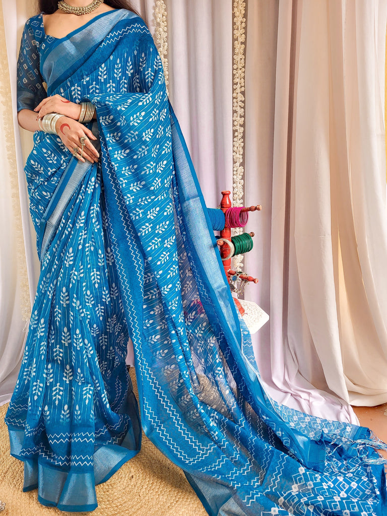 Elegant Blue Pure Linen Saree with Tassels and White Floral Patterns LINEN