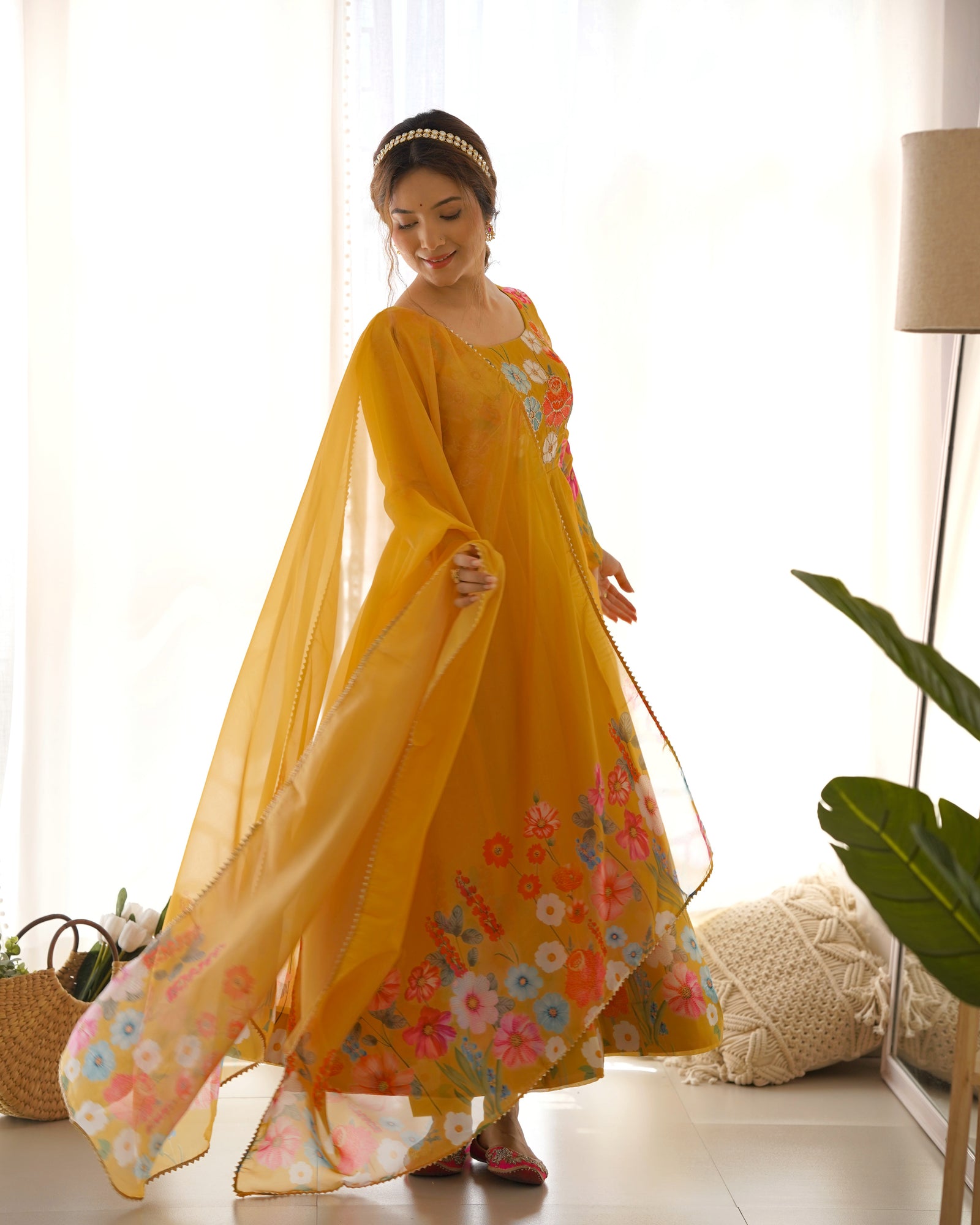 Yellow Graceful Pure Organza Silk Anarkali Suit with Gota Patti Dupatta