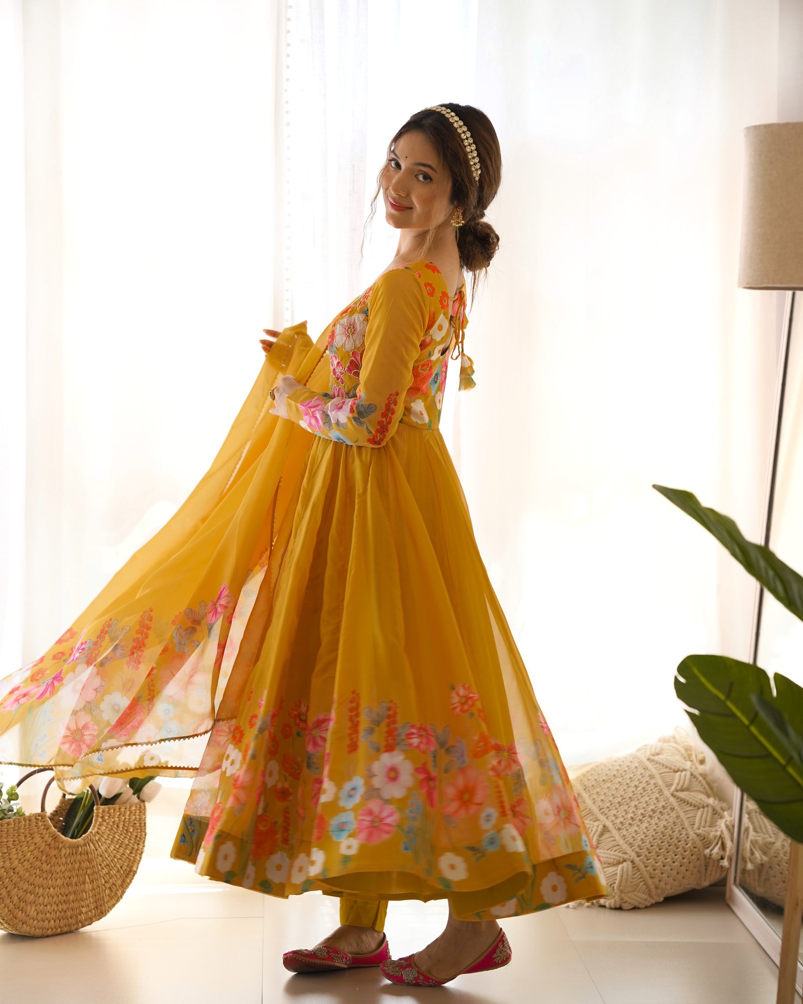 Yellow Graceful Pure Organza Silk Anarkali Suit with Gota Patti Dupatta