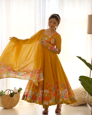 Yellow Graceful Pure Organza Silk Anarkali Suit with Gota Patti Dupatta