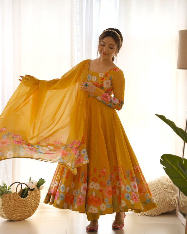 Yellow Graceful Pure Organza Silk Anarkali Suit with Gota Patti Dupatta