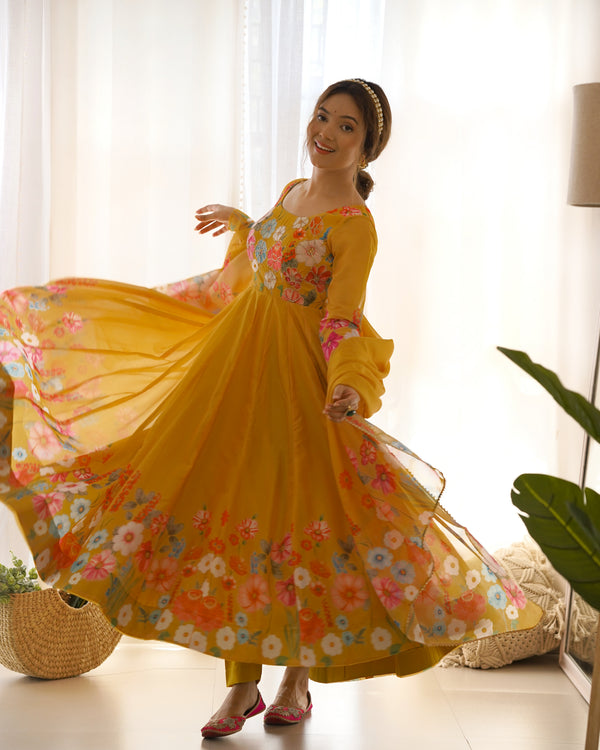 Yellow Graceful Pure Organza Silk Anarkali Suit with Gota Patti Dupatta