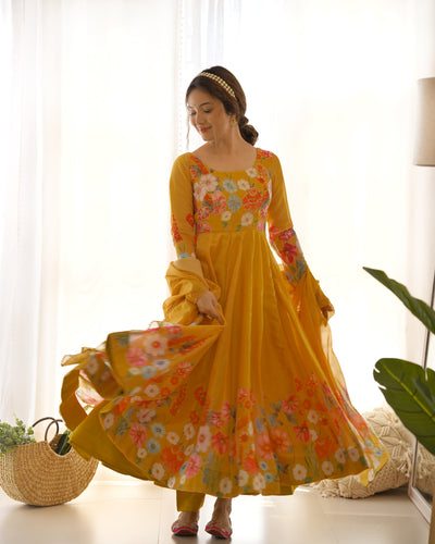 Yellow Graceful Pure Organza Silk Anarkali Suit with Gota Patti Dupatta