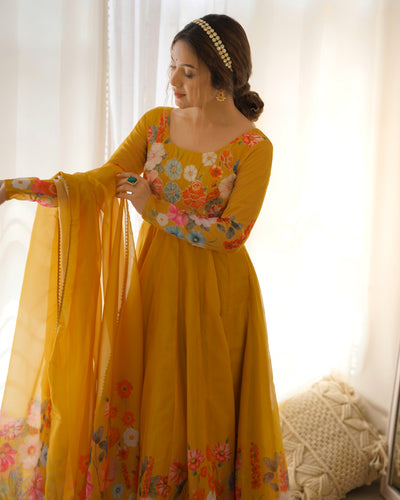 Yellow Graceful Pure Organza Silk Anarkali Suit with Gota Patti Dupatta