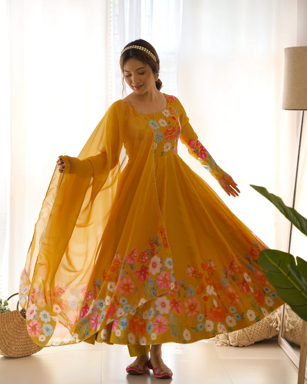 Yellow Graceful Pure Organza Silk Anarkali Suit with Gota Patti Dupatta