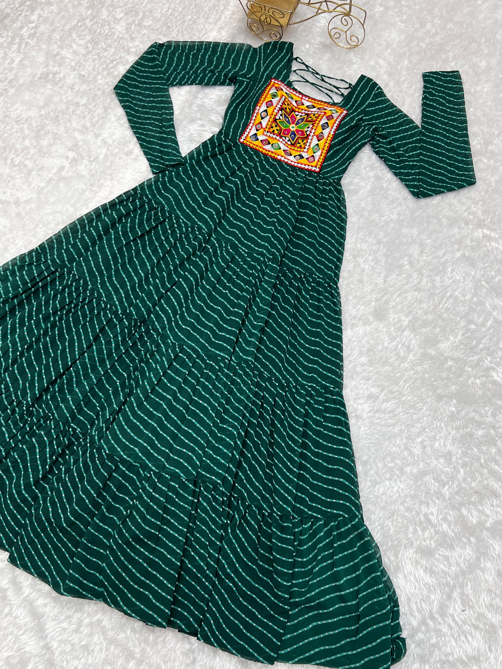 Bottle Green Vibrant Laheriya Anarkali Gown – Perfect for Navratri, Ready to Wear