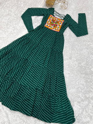 Bottle Green Vibrant Laheriya Anarkali Gown – Perfect for Navratri, Ready to Wear