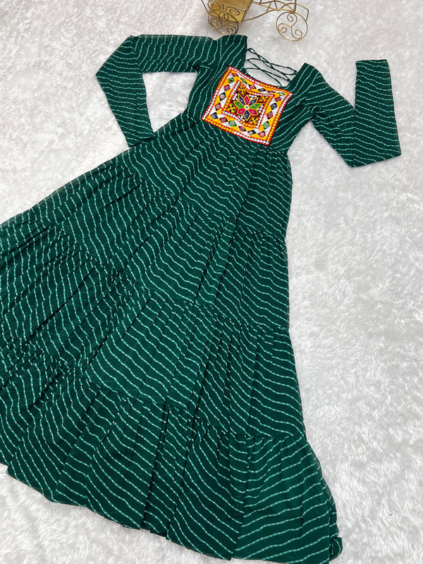 Bottle Green Vibrant Laheriya Anarkali Gown – Perfect for Navratri, Ready to Wear