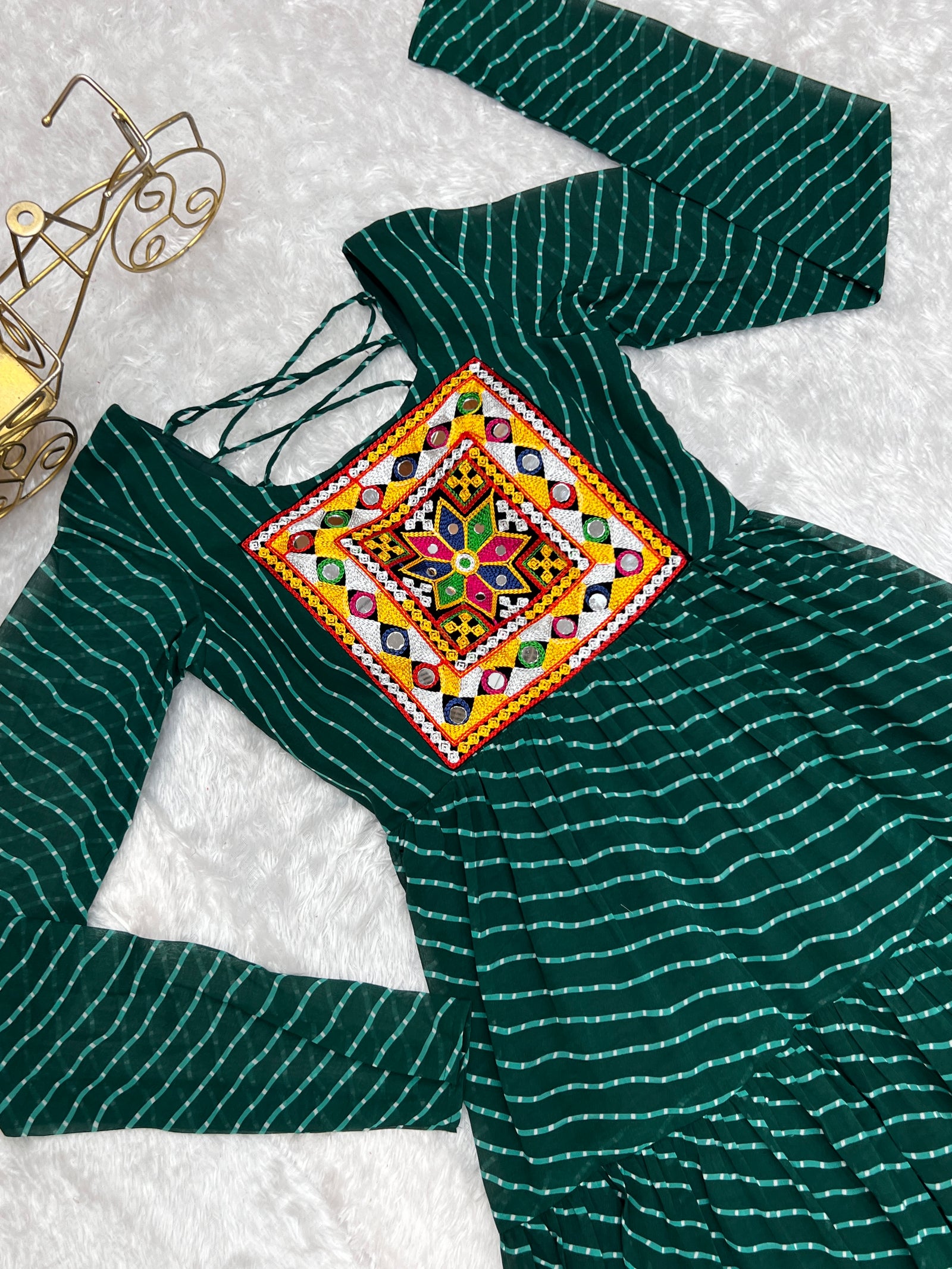 Bottle Green Vibrant Laheriya Anarkali Gown – Perfect for Navratri, Ready to Wear