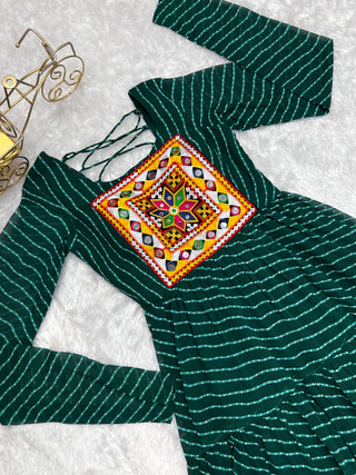 Bottle Green Vibrant Laheriya Anarkali Gown – Perfect for Navratri, Ready to Wear