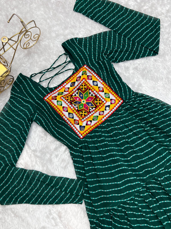 Bottle Green Vibrant Laheriya Anarkali Gown – Perfect for Navratri, Ready to Wear