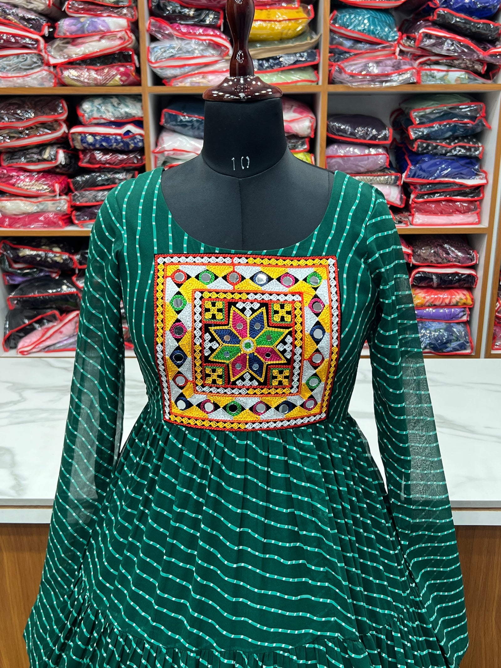 Bottle Green Vibrant Laheriya Anarkali Gown – Perfect for Navratri, Ready to Wear