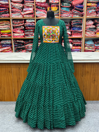 Bottle Green Vibrant Laheriya Anarkali Gown – Perfect for Navratri, Ready to Wear